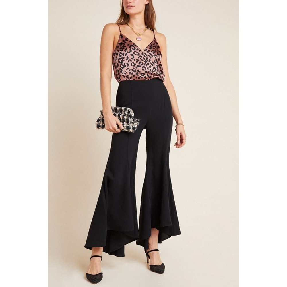 Anthropologie Zinnia Flare Trousers Black Tulip Hem Pants Size 8
